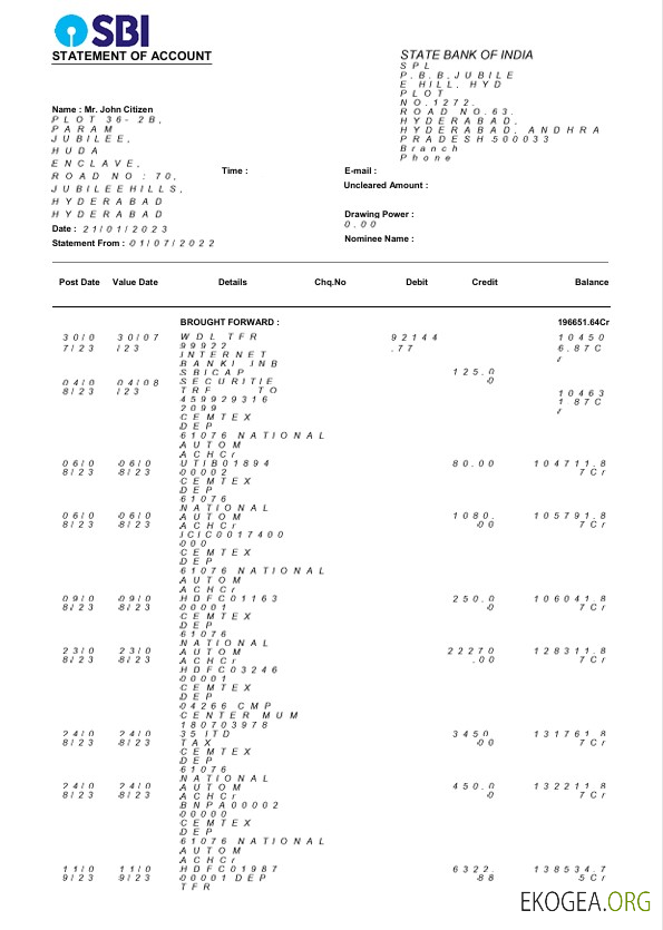Modèle Word et PDF de relevé bancaire de la USA State Bank of India, 3 pages